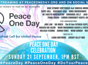 Peace One Day 2025 graphic detailing the event as Online, London including the guest speakers and performing artists.