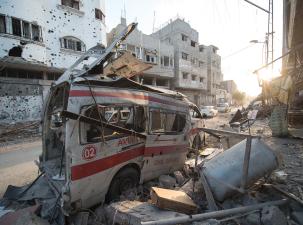 Photo taken during the 72hr ceasefire between Hamas and Israel on 6th of August 2014. Destroyed ambulance in the Gaza Strip.