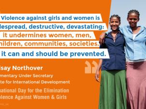Poster for International Day for the Elimination of Violence Against Women with the quotation - "Violence against girls and women is widespread, destructive, devastating: it undermines women, men, children, communities, societies. But it can and should be prevented." by Lindsay Northover Parliamentary Under Secretary of State for International Development.