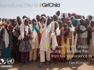 UN poster for International Day of the Girl. A group of young African girls are clapping outside. There is a quote underneath from Ban Ki-Moon which says 'Girls everywhere should be able to lead lives free from fear and violence.'
