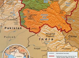Map of The Disputed Territory in Kashmir: Shown in green is Kashmiri region under Pakistani control. The orange-brown region represents Indian-controlled Jammu and Kashmir while the Aksai Chin is under Chinese control.