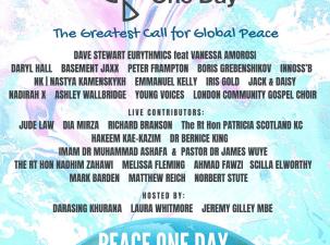 Peace One Day 2025 graphic detailing the event as Online, London including the guest speakers and performing artists.