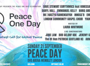 Peace One Day 2025 graphic detailing the event as Wembley Arena, London including the guest speakers and performing artists.