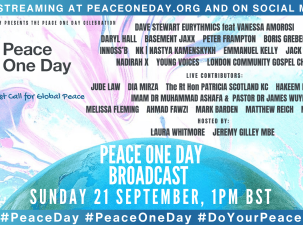 Peace One Day 2025 graphic detailing the event as Online, London including the guest speakers and performing artists.