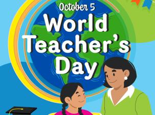 Image of a teacher smiling at a student. In the background, there is a globe with the caption &ldquo;World Teachers&rdquo; Day'