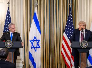 President Donald Trump and Israeli Prime Minister Benjamin Netanyahu hold a joint press conference announcing the U.S. peace plan for Gaza, Monday, September 29, 2025, in the State Dining Room of the White House.
