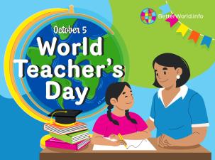 Image of a teacher smiling at a student. In the background, there is a globe with the caption “World Teachers” Day'