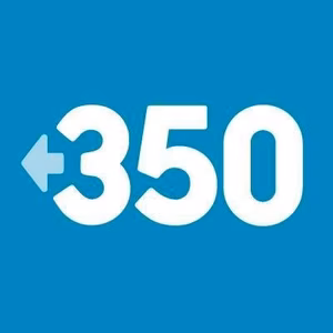 White numbers 350 on a blue background with an arround pointing to the left