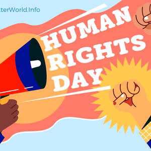 Raised fists and a hand holding a megaphone, in front of a human rights flag. 