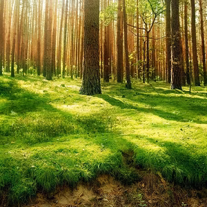 Beautiful view of a forest with the sunlighth shining through the trees over bright green grass