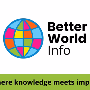Logo for Better World Info - A colourful globe sits next to the words Better World Info written in black on the right side. Underneath, there is a green banner with the words 'Where knowledge meets impact' written in black. - Copyright by Better World Info