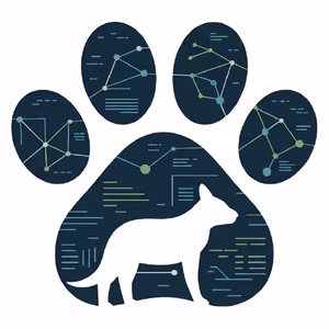 A digital network or data visualization forms in the shape of an animal silhouette in a clean white background.