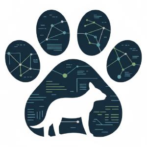 A digital network or data visualization forms in the shape of an animal silhouette in a clean white background.