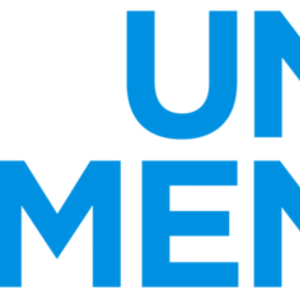 Logo of UN Women, featuring bold blue lettering with the words "UN" above "WOMEN" and a stylized hand symbol integrated into the design.