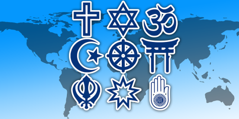 A blue map of the world sits in the background behind the darker blue symbols of the worlds major religions