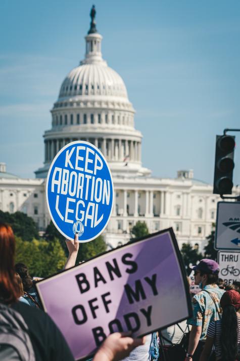 Many protesters stand on the streets of Washington. The White House is in the background. Two posters dominate the picture. A round blue poster says 'Keep abortion legal' and a square pink posters says 'Bans off my body'.