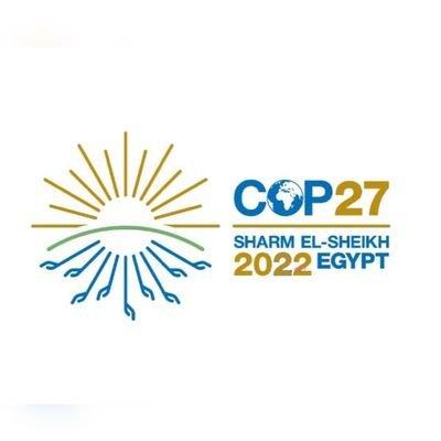 Yellow and blue graphic representing the sun, the earth, and the oceans for the 2022 climate conference