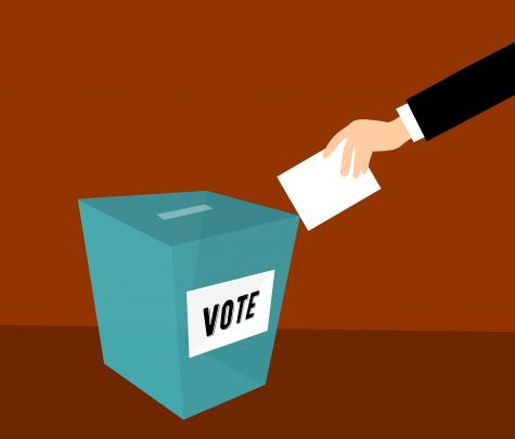 Graphic with a white arm reaching out to post his ballot into a green ballot box which says vote, the box is on a black background