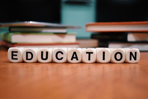 White dice with the letters spelling out 'Education' in black are st out neatly in a row on a brown wooden stable infront of some piles of books.