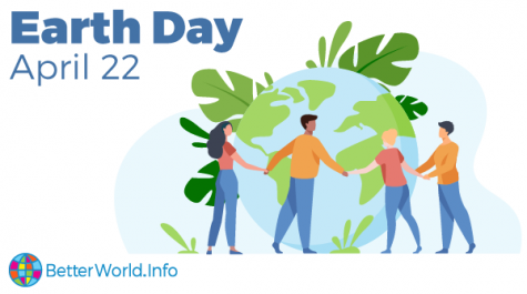 Graphic for Earth Day - Four different people surround a globe holding hands. Large green leaves surround the Earth. The words Earth Day are written in blue on the left.