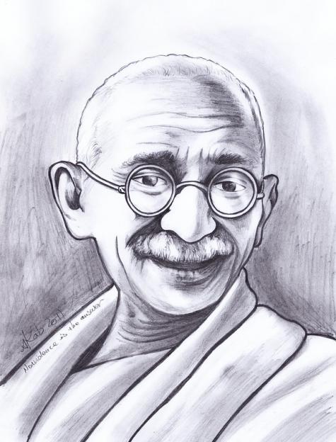 Black and white sketch drawing of a smiling Mahatma Gandhi wearing his signature round glasses