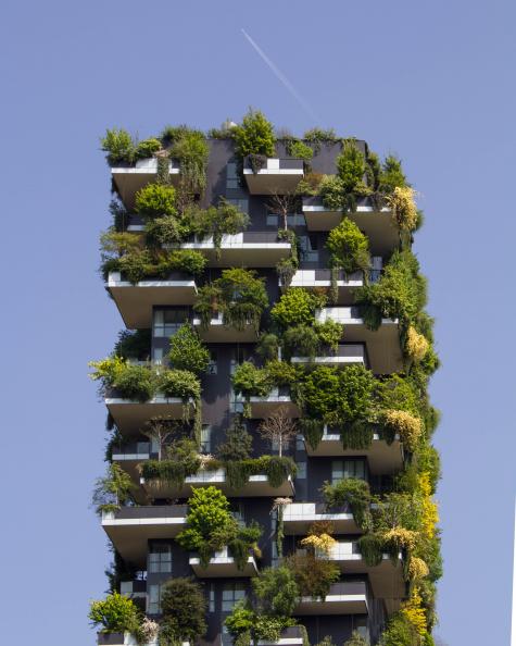 A tall white apartment block stands infront of a blue sky. Each balcony is filled with plants and shrubs growing from it.