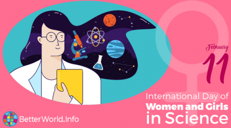 A pink poster for International Day of Women and Girls in science. An image of a brown haired female wearing a white lab coat is in a blue bubble. Her hair is flowing and in it we can see some planets, a microscope and atoms.