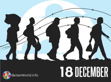 Silhouette of five migrants walking carrying their goods against a background of a security fence.