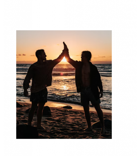 Silhouette's of two happy men on the beach at sunset high-fiving over the sun