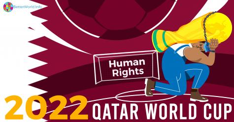 Qatar world Cup 2022 graphic – A migrant worker chained to the World Cup trophy kneels down under the weight of it. Behind is the view of a football field with the words ‘human rights’ written in the goal. 