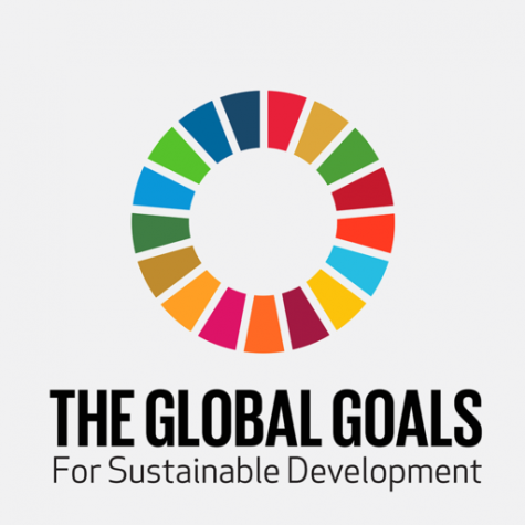 The Sustainable Development Goals logo. The 17 goals are represented in a circle, each with a small section given a different colour. 