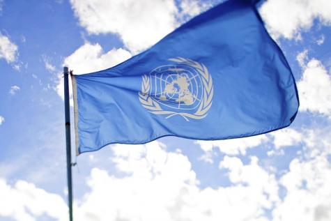 Light blue flag flying in the wind with the white UN logo in the centre | Blue sky and white clouds in the background