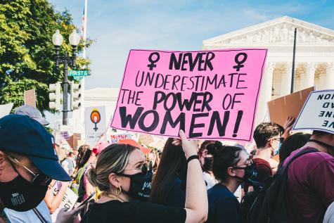 Protesters gather In Washington for women's rights. One large pink poster dominates the view with the words 'Never underestimate the power of women' in large black letters.