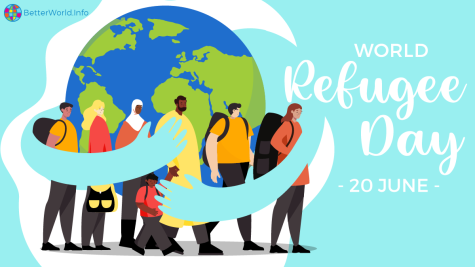 Poster for World Refugee Day on June 20. Six adult refugees and one child walk in front of a globe with two arms wrapped around hugging them protectively