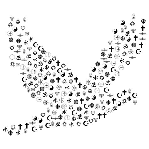 White silhouette of a dove made from many black symbols representing different world religions