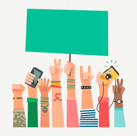 Graphic depicting young people standing up for their rights. There are 8 different types of hands and the one in the middle is holding a green placard.