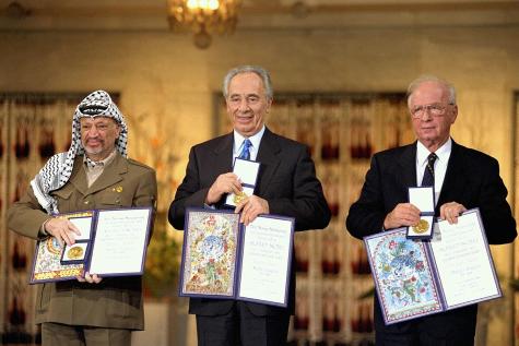 The Nobel Peace Prize laureates for 1994 in Oslo. From left to right: PLO Chairman Yasser Arafat, Israeli Foreign Minister Shimon Peres, Israeli Prime Minister Yitzhak Rabin