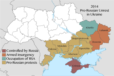 A map of Ukraine shows the 2014 pro-Russian protests and unrest in the East and the South of Ukraine. Each region is depited in a different colour to display which areas were controlled by Russia and in which areas there was an armed insurgency.