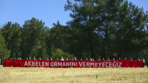 Image of protesters in the Turkish area of Akbelen who are campaigning against massive logging by the coal industry. They stand in a long line on an open field holding a large red banner with many trees in the background. The sign says 'Akbelen ormanini vermeyecegiz'