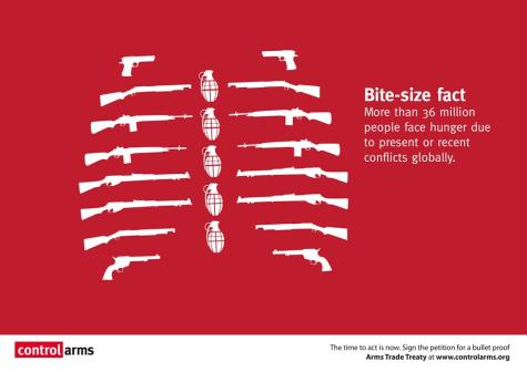 A red poster highlighting the link between confliuct and hunger. On the left there are various white images of guns and grenades. On the right it says 'more than 36 million people face hnger due to present or recent conflicts globally.  