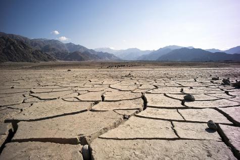 An incredibly vast dry and cracked landscape is shown from Ladakh, India. There is a cloudless blue sky and dark mountains in the background.