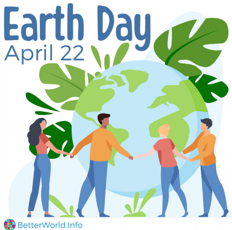 Graphic for Earth Day - Four different people surround a globe holding hands. Large green leaves surround the Earth. The words Earth Day are written in blue on the left.
