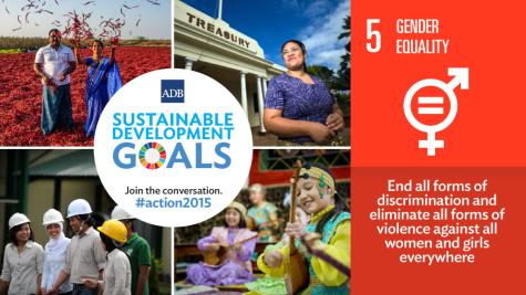 Image on SDG goal 5, gender equality. The graphic shows 4 different pictures of women from different cultures. On the right hand side it says 'End all forms of discrimination and eliminate all forms of violence against all women and girls everywhere'.