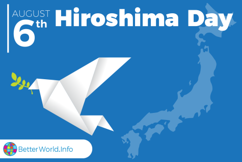 Poster for Hiroshima Day - A white paper crane carrying a green olive branch in its beak flies over the outline of Japan. In front of a blue background the words 'Hiroshima Day August 6th' are written in white.