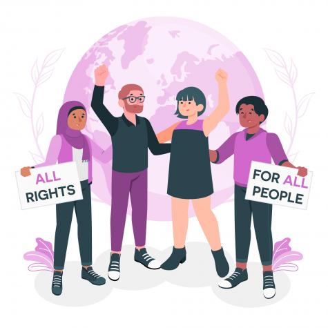 Graphic of 4 different men and women standing infront of a purple planet Earth. Two have their arms raised in protest, and the other to are holding signs. One reads 'All rights' and the other 'For all people'