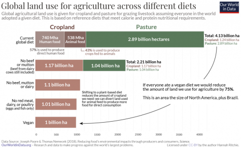 Horizonal bar diagram showing the land use of different diets. The largest proportion of landuse is first which shows our current global diet. The bars then decrease dramatically going down with varing diets using less animal products all the way to the vegan diet.