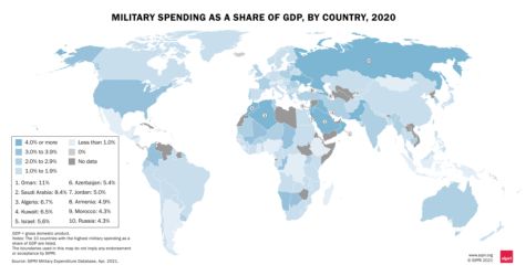 Map of the world showing military spending as a percentage of GDP for countries as of 2022, according to the SIPRI. 
