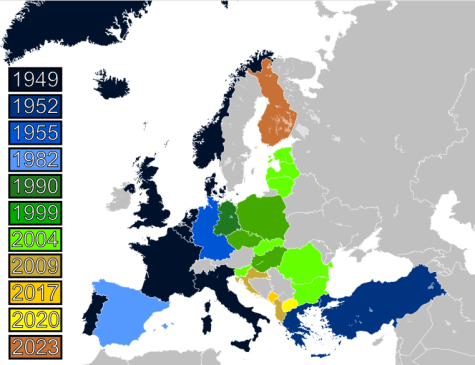 Map of NATO historic enlargement in Europe showing each year that new members were added upto 2023