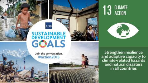 Poster for SDG goal 13 - Climate Action. There a for images on the left which show the impact of climate change. On the right side there is the symbol for the goal which is the planet Earth in an eye, below it the captino reads 'Strengthen resilience and adaptive capacity to climate-related hazards and natural disasters in all countries.'