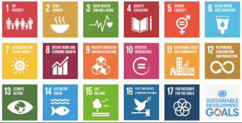 Grid image of the 17 SDGs, they each have an image representing their goal alongside their number. Each goal has a different colour and the last one is white with the words 'Sustainable Development Goals' in blue 
